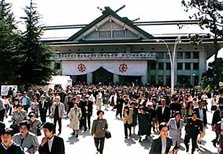 Worshippers in front of the Hall at Grand Service day